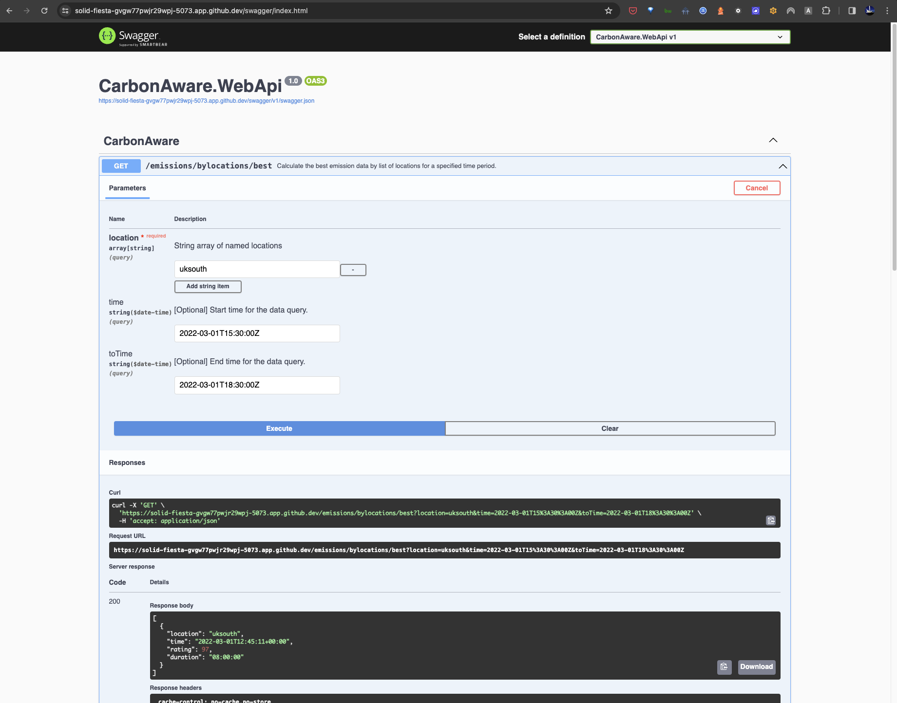 sceenshot of the browser view starting the webapi and navigating to the Swagger UI