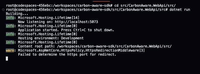 sceenshot of the terminal view starting the webapi in codespaces